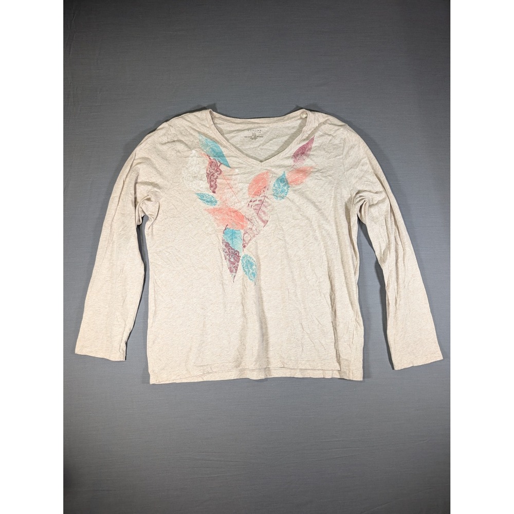 Sonoma Life Style Womens XL Oatmeal Heather Feather Graphic V-Neck Tee L/S